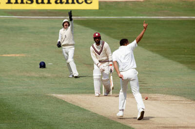 West Indies batsman Jeffrey Dujon is out LBW to Philip DeFre- Old Cricket Photo