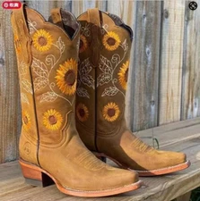 Women Sunflower Pull On Mid Calf Low Block Heels Western Cowboy Fashion Boots