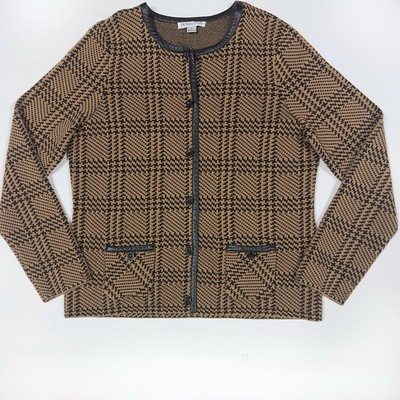 Pendleton Wool Cardigan Sweater Large Brown Leather Glen Plaid Button Up FLAW