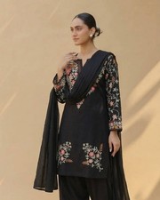 Stunning Black Roman Silk Salwar Kameez With Dupatta For Party Wear