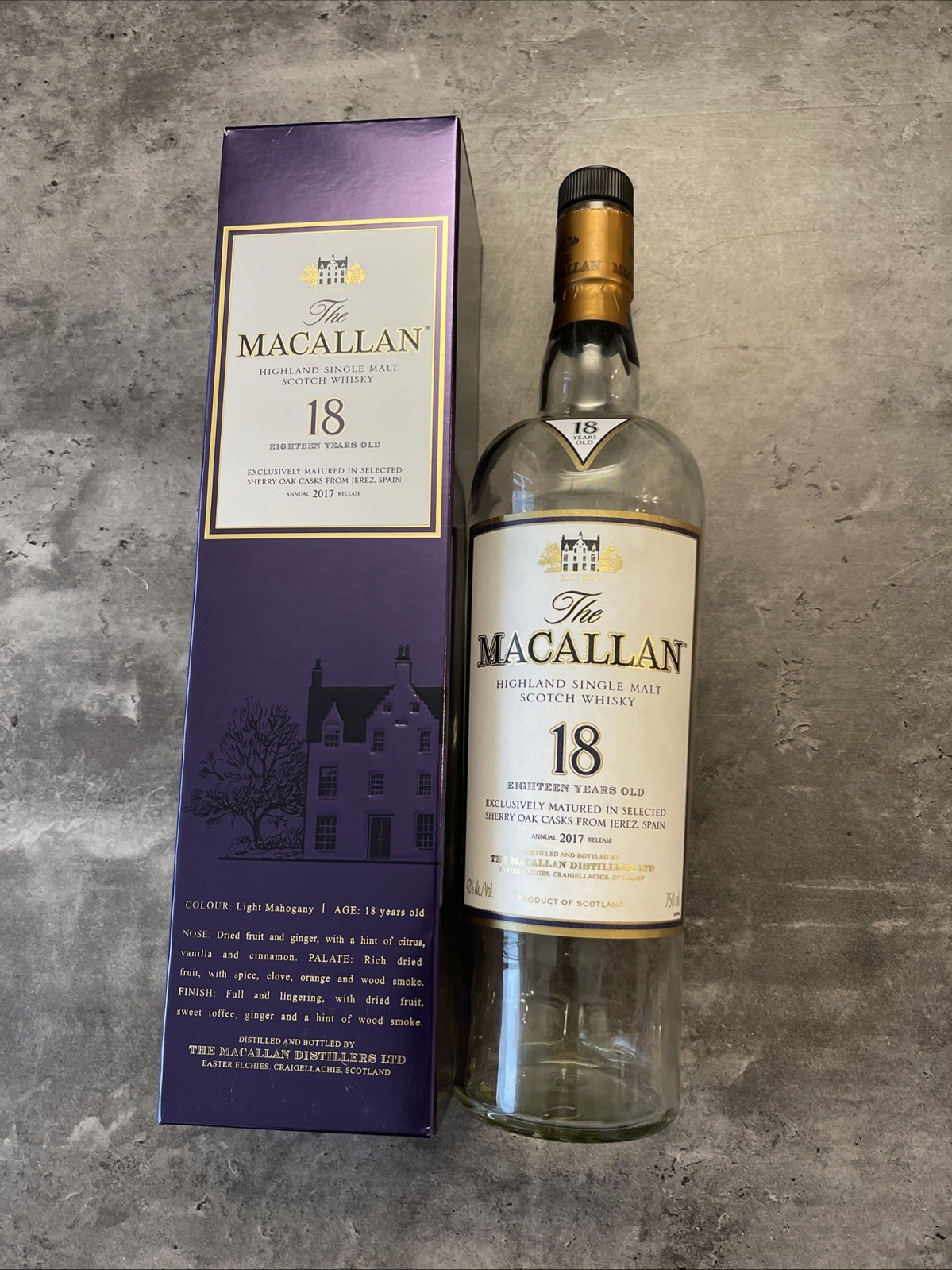 Macallan 18 Year 2017 Whiskey Empty Bottle & Purple Box Complete 🔥🔥🔥