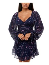 B DARLIN Womens Short Dress Navy Sleeve Tie Asymmetrical-hem Juniors 0