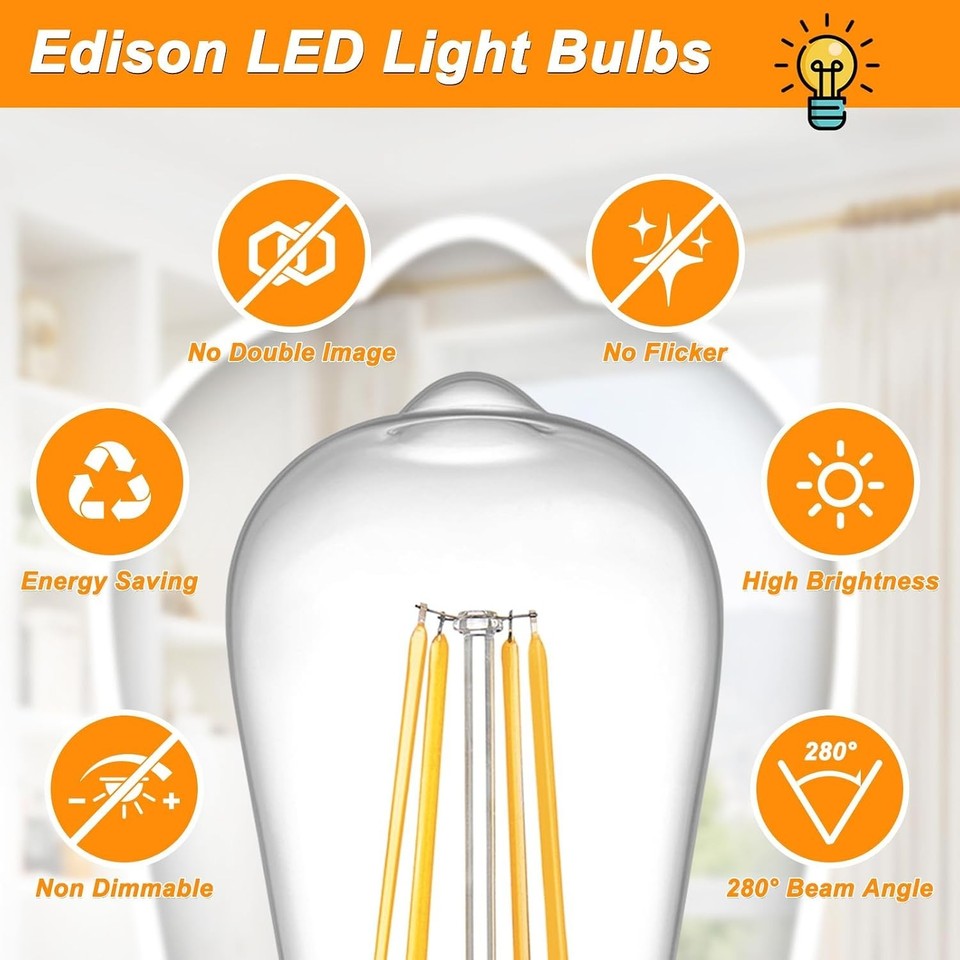 Classic LED Edison Light Bulbs - 6W E26 Base, 80+ CRI, Warm White for ...