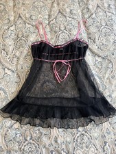 Victoria  s Secret Black Mesh Nightie With Pink Ribbon Trim  Straps Size Small