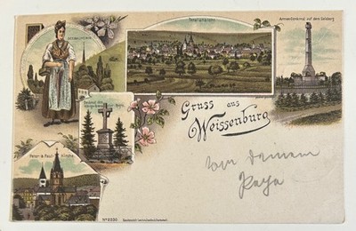 AK Gruss aus Weissenburg Wissembourg Elsass Litho Bahnpost Strassburg-Mainz 1900