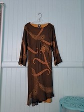 Namba Silk Chiffon Dress Sz M Vintage Peacock Feather Print Layered Brown Gold