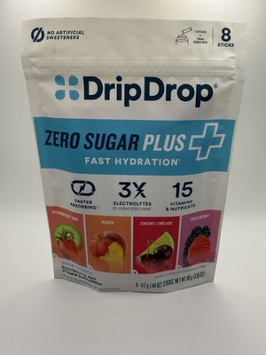 DripDrop Hydration Zero Sugar Plus Variety Pack, 4 Flavors, 8 Stick Packs - New
