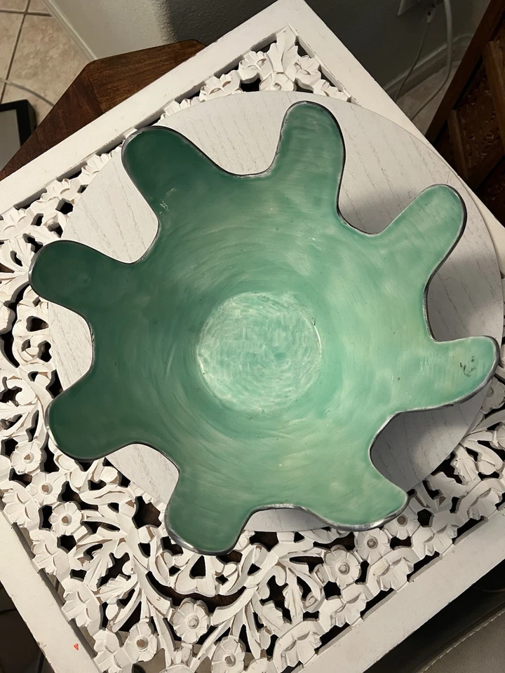 Sculpted Bowl 12 inch Diameter 8 inches high Silver Tone Exterior Aqua Interior - Image 2 of 4