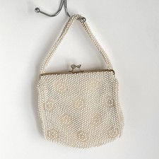 CORDE- BEAD Purse Ivory Beaded Handbag Kiss Clasp Vintage 7x7 Inch