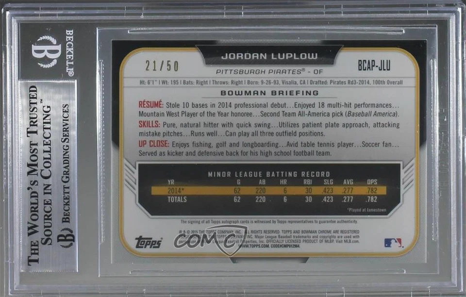 2015 Bowman Chrome Prospects Gold Refractor /50 Jordan Luplow BGS 9 MINT Auto - Image 2 of 2