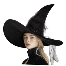 Witch Hat for Women, Wide Brim Halloween Wizard Hat with Tulle Veil 60cm Black
