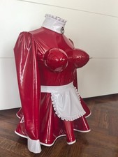 Lack Datex Latex PVC Maid Zofen Dienstm&auml;dchen Minikleid wei&szlig; Rubin Rot