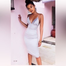 House of CB Ronel grey satin pintuck Dress Sz Medium M