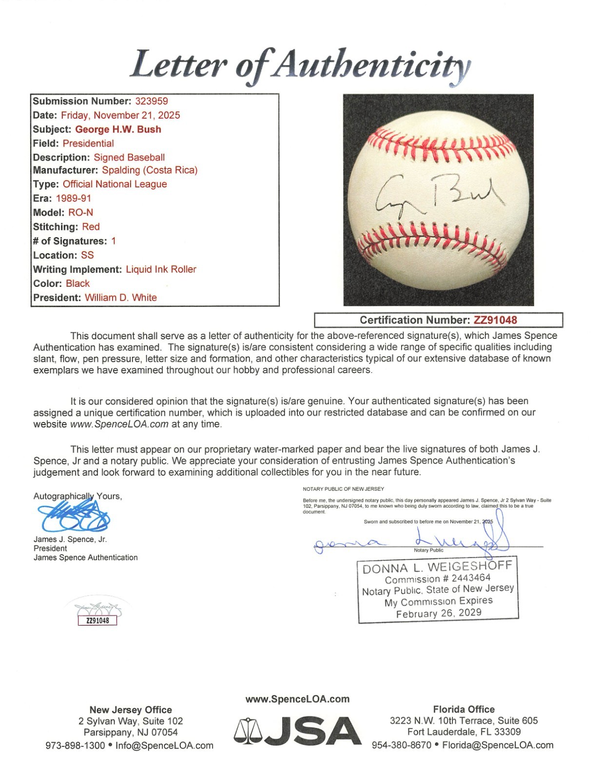 GEORGE HW BUSH Signed ONL Baseball, 41st President, Bold Auto, JSA LOA.