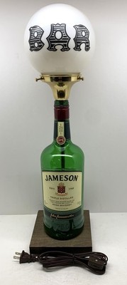 Retro BAR Globe Jameson Irish Whiskey Bottle Table Lamp w/ Wood Base & LED Bulb