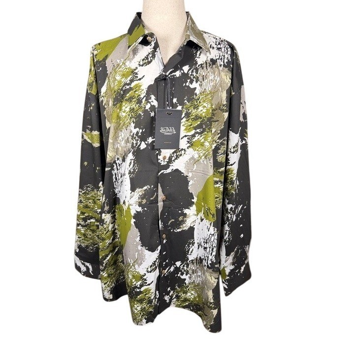 Von Dutch Men 4XL Abstract Moss Green Black White Button Down Shirt BUVDTS048PBP
