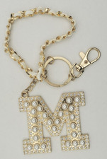 Letter M With Faux Pearl and Rhinestone Inlay Bag Pendant Keychain Keyring