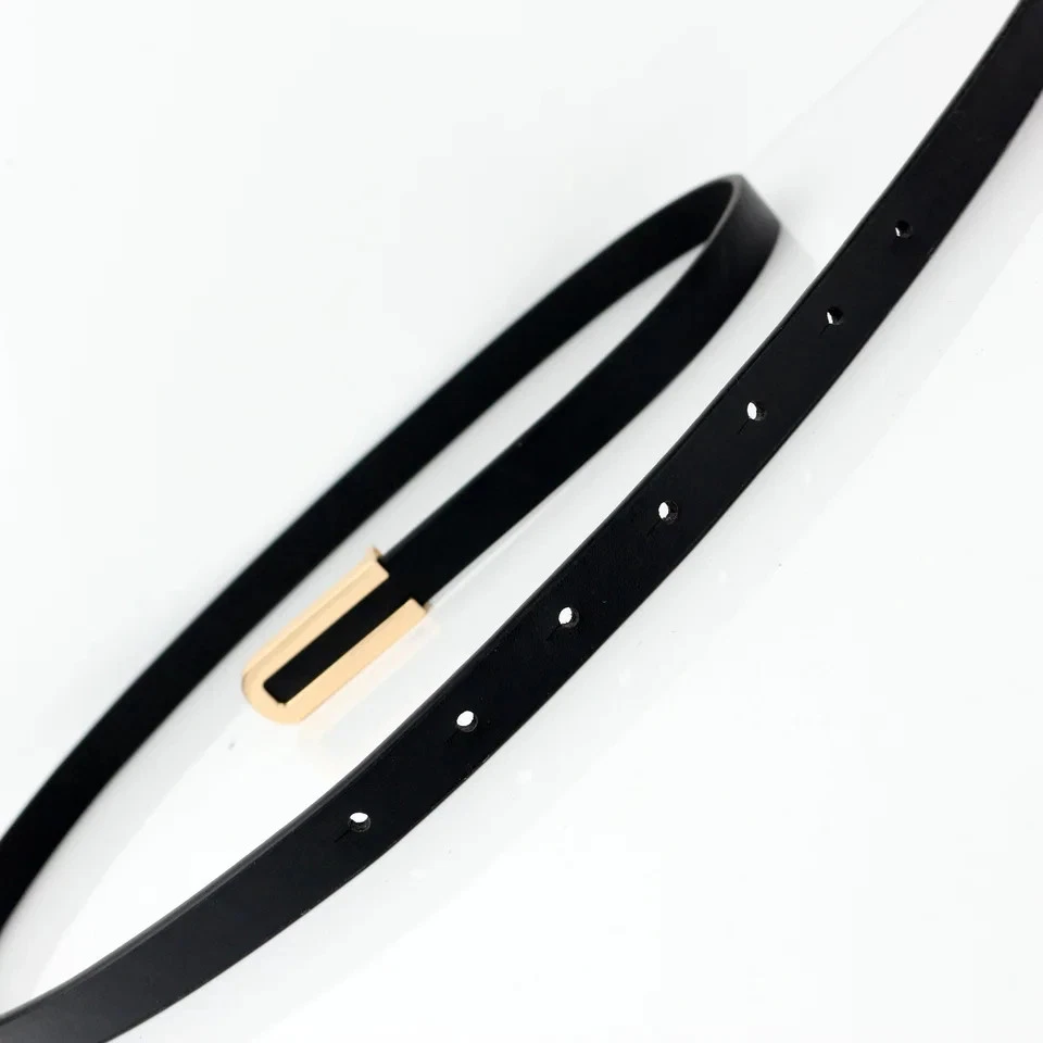 Black Genuine Leather Thin Belt Women Adjustable Dress Office Classic Look Belts - Image 2 of 4