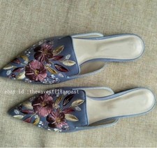 Women Pointy Toe Slippers Slides Floral Flats Mules Embroidery Casual Shoes Size