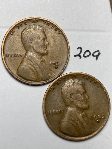 1931-D & 1933-D LINCOLN WHEAT CENT SET, 2 coins, low mintage dates "fine" #209
