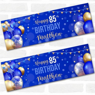 Personalisiertes Party Banner für 85. Geburtstag männlich blau gold Luftballons