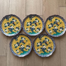 Y0225 Kutani Ware Daiichi pottery yellow background flower bird patterns 5 piece