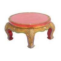 Opiumtisch Spiegelsteine Beistelltisch Rot Antik Nachttisch Thailand 50Cm Rund