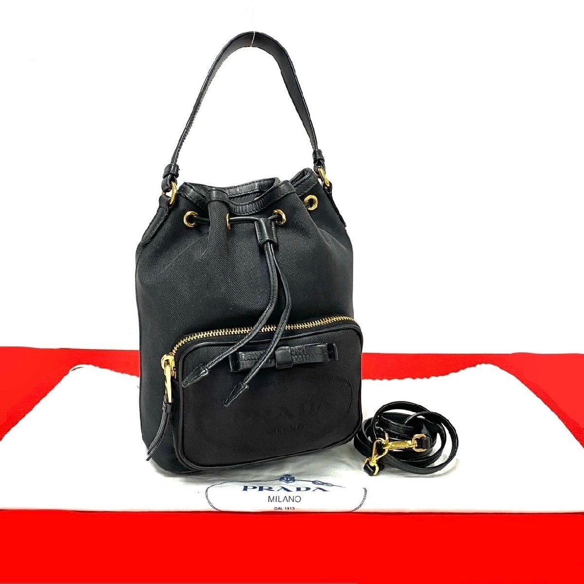 Prada Duet Logo Leather and Canvas Mini Shoulder Bag 2-Way Handbag Rare