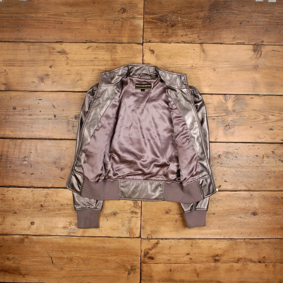 Chaqueta de cuero vintage Roca Wear L bombardero gris holográfico para mujer Foto 4 de 4