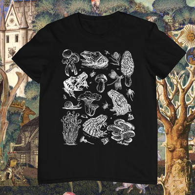 Mushrooms Frogs and Bugs Botanical art t-shirt, Goblincore aesthetic shirt, Gift