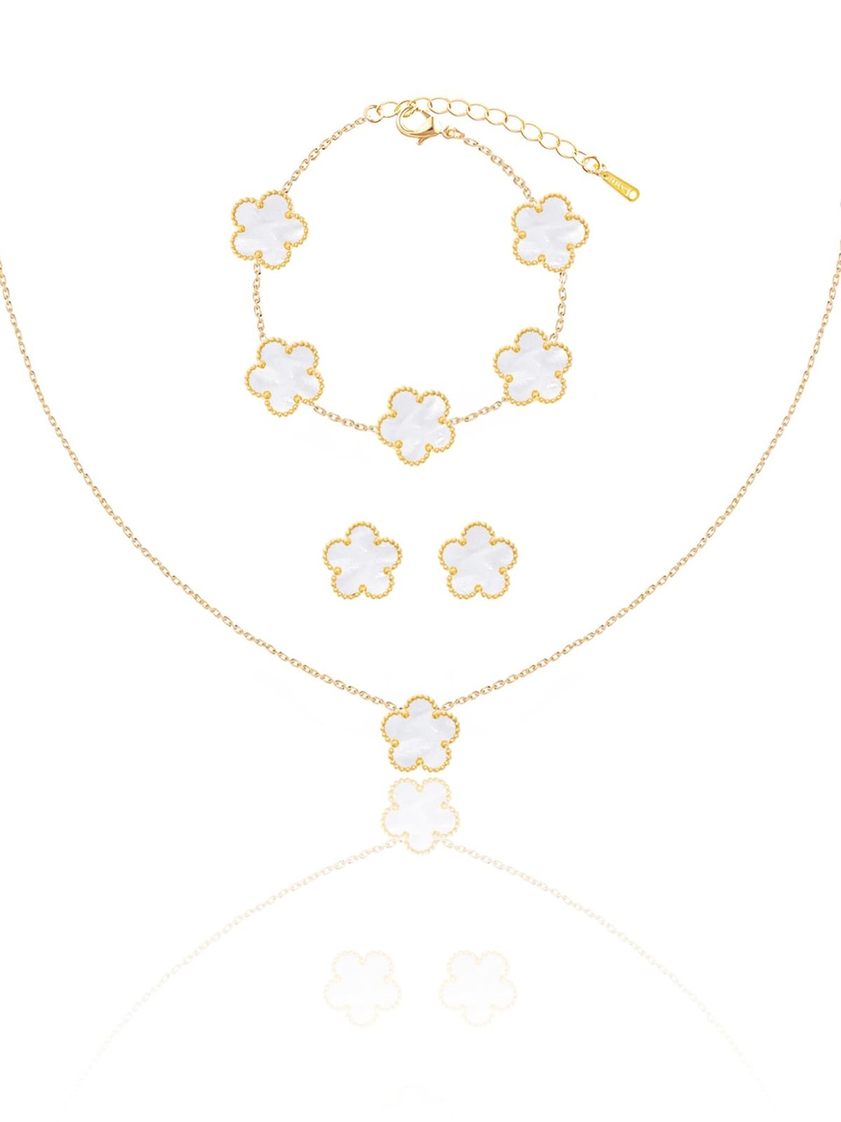Gold Plated Five Leaf Clover Jewelry Set with Necklace Bracelet and Stud Earrings