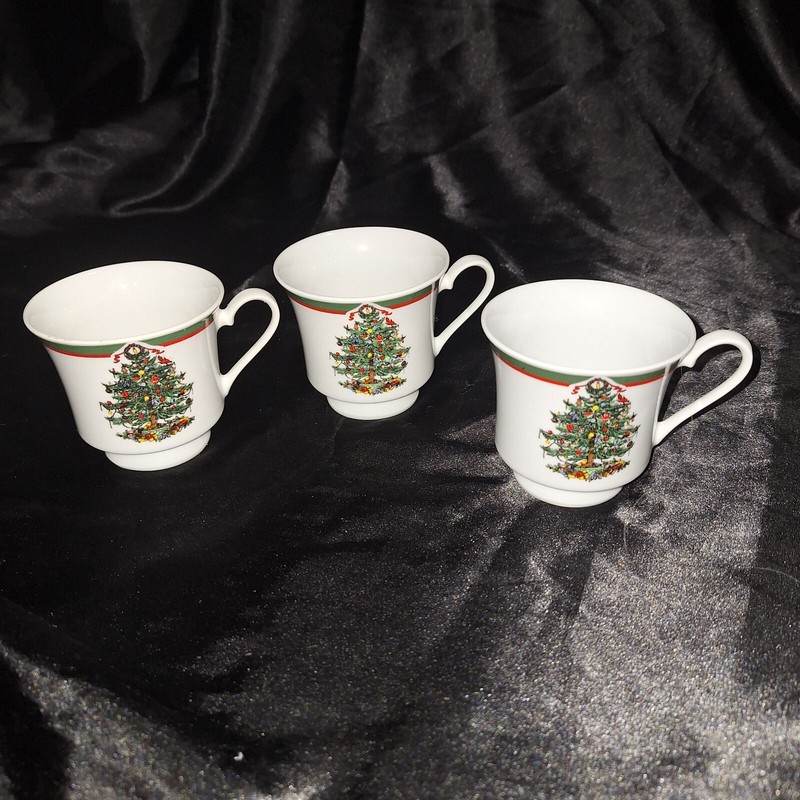 Vintage Candleglow and Holly Footed Porcelain Tea Cups~Ribbons & Tree~Christmas