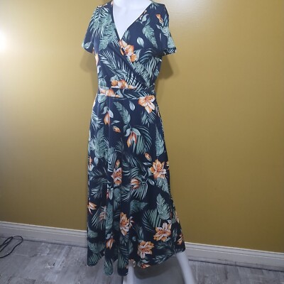 HuHot Short Sleeve Floral Faux Wrap Maxi Dress Size M Tropical Beachy | eBay