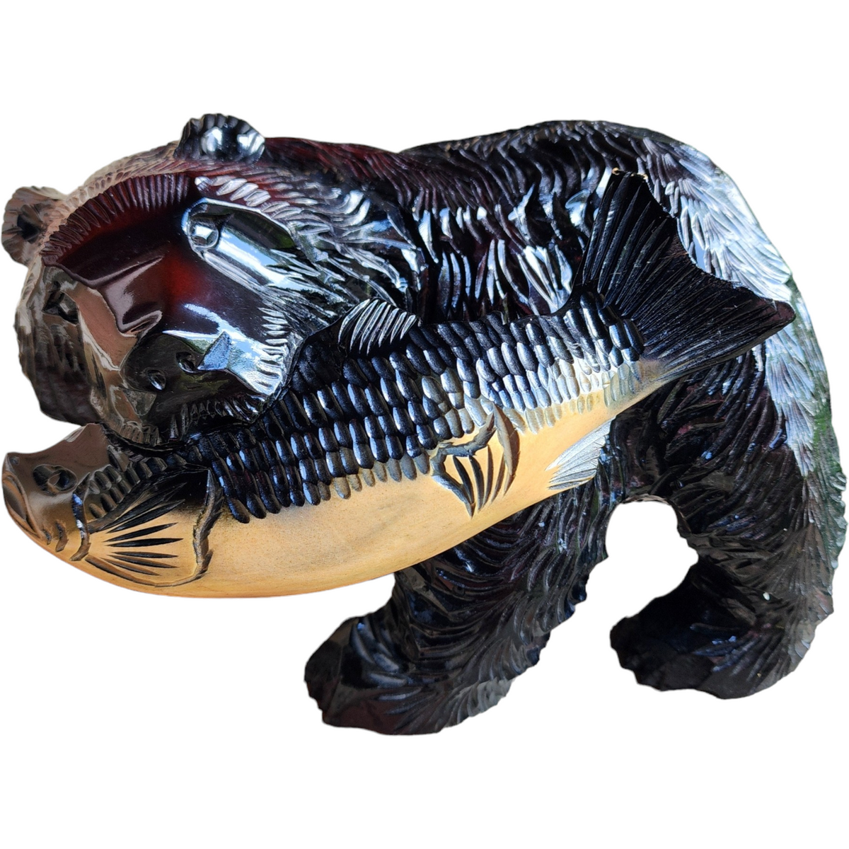 Kibori Kuma Wood Hand Carved Bear with Salmon Japan | eBay