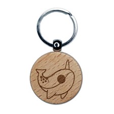Sweet Kawaii Chibi Narwhal Engraved Wood Round Keychain Tag Charm