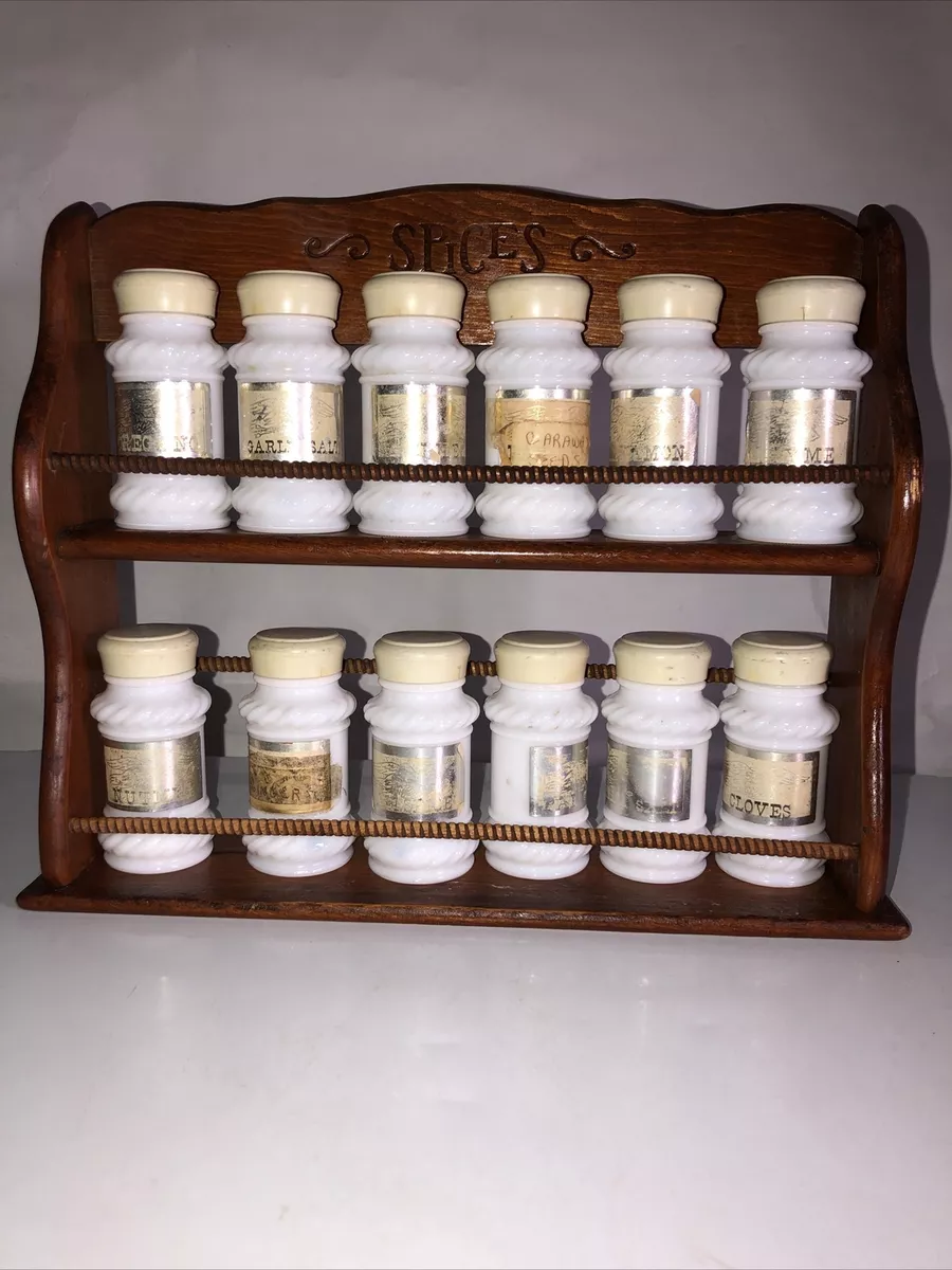Vintage Milk Glass Spice Jar 12 Pc. Set w Ma Leck Wood Rack