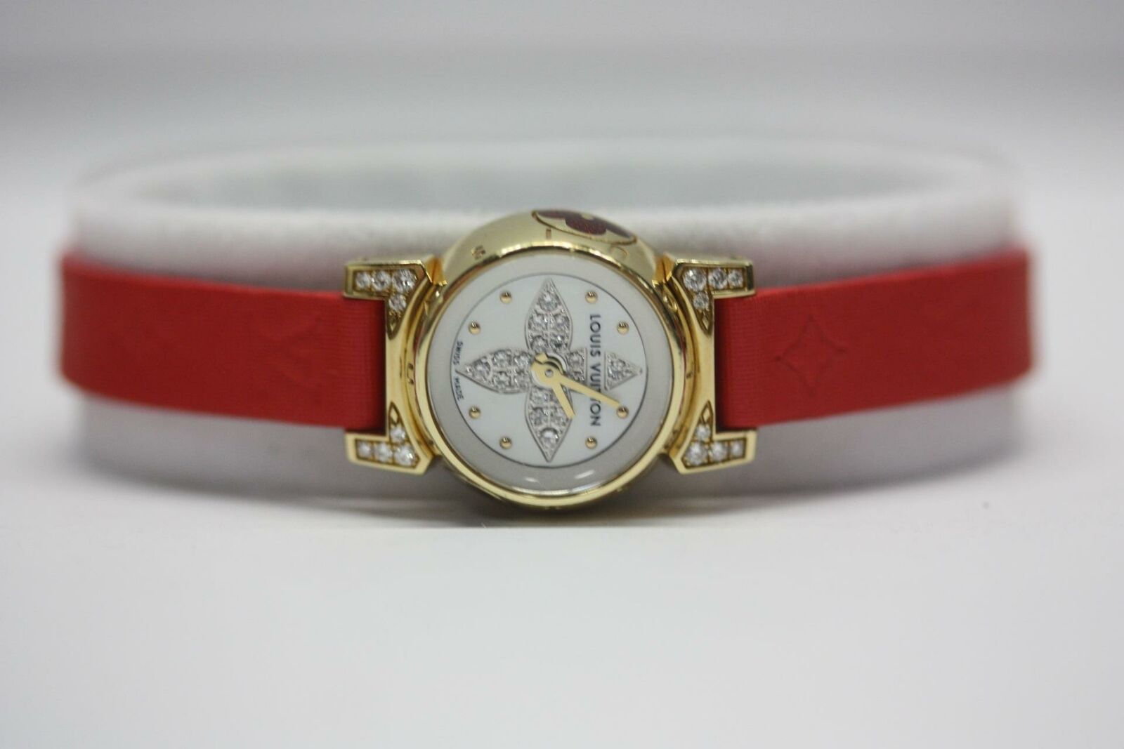 18K Yellow Gold Louis Vuitton RU0033 Q151L Tambour Bijou Diamond Watch Red