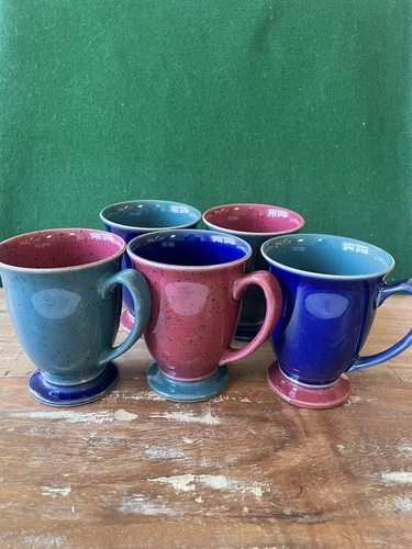(5) Vintage Denby Harlequin Footed Pedestal Mugs - Blue, Green & Red Speckled