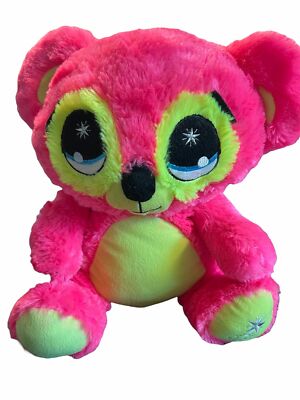 Peek A Boo Plush Bear Koala Hot Pink Neon Yellow Sewn Eyes Embroidered Foot