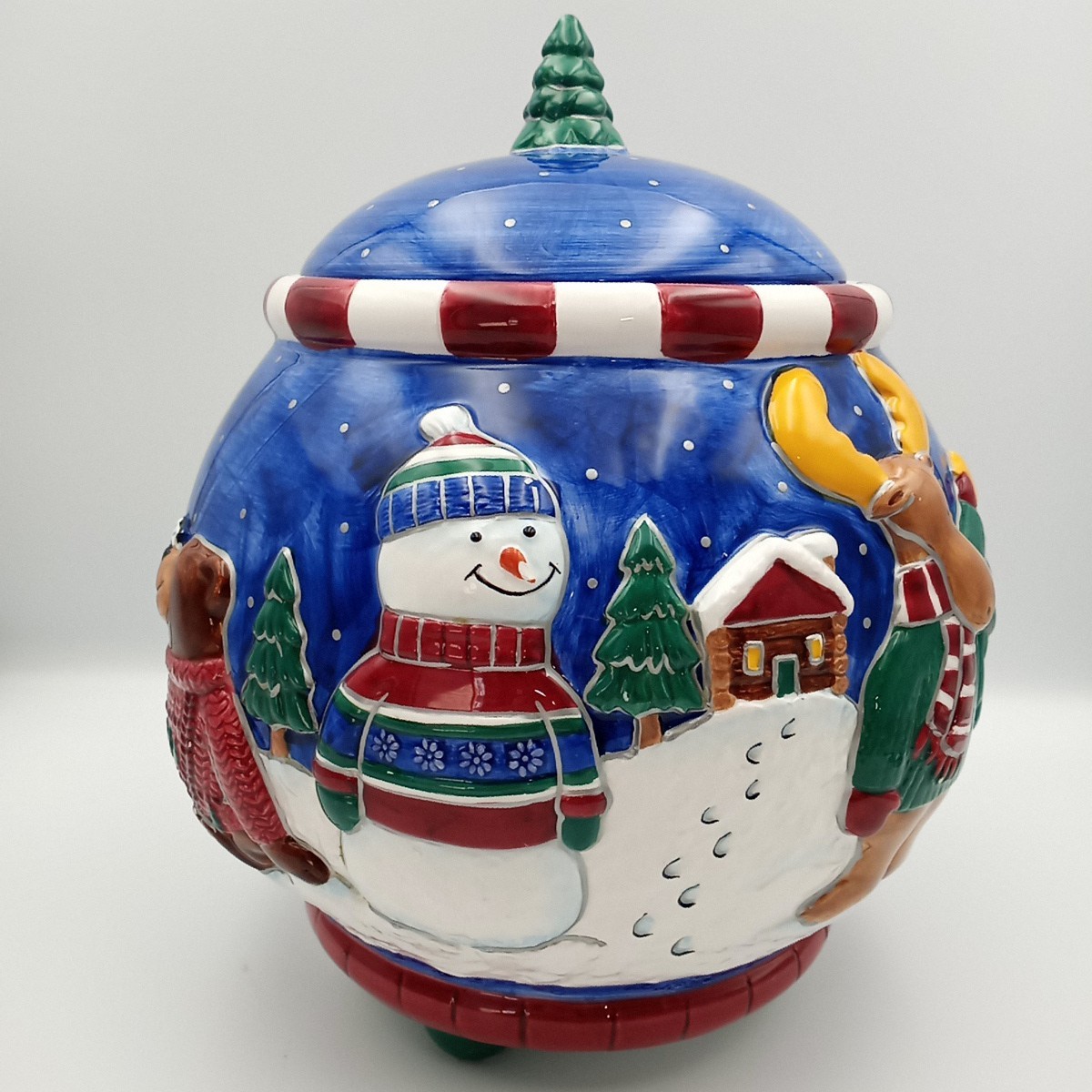 St. Nicholas Square Winter Friends Cookie Jar, Snowman, cabin, moose, 10 1/2" T