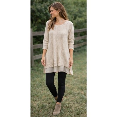 NWT Layered Knit Tunic Sweater Apricot Beige Neutral Oversized Cozy Minimalist 
