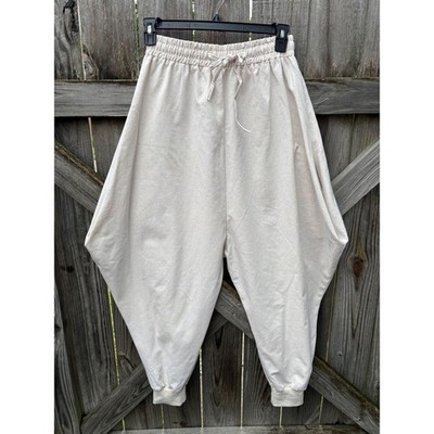 100% Linen Harem Pants Small Oatmeal Beige Dropped Crotch Joggers Boho Cuffs