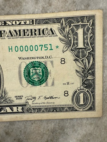 Low Serial Number Star Note (H00000751*), Fancy Serial Number 2009 $1 FRN VF/VF+ - Picture 5 of 9