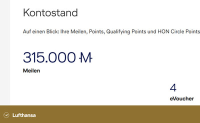 315.000 Miles and More Meilen Lufthansa - für Business & First + 4 eVoucher