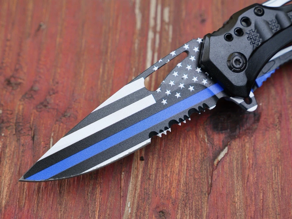 Navaja de Bolsillo Tamaño Completo Asistencia de Resorte Policía Volver La Línea Azul Delgada Bandera de Estados Unidos Foto 3 de 4
