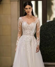 Sheer Illusion Lace Applique Wedding Dresses Customized A Line Long Sleeves