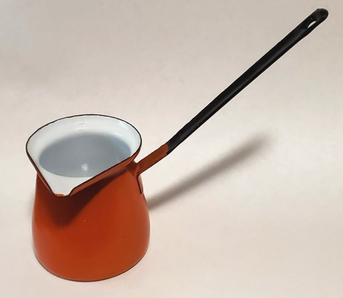 Vtg Orange Enamelware Small Ladle Dipper #2 Butter Sauce Pot Made in Yugoslavia
