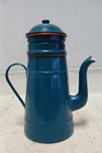 Vintage Tall French Blue Enamel Coffee Percolator  Red rings accent