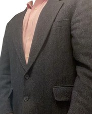 Lands  End navy men  s woven herringbone blazer with 50 lambs wool 44R EUC