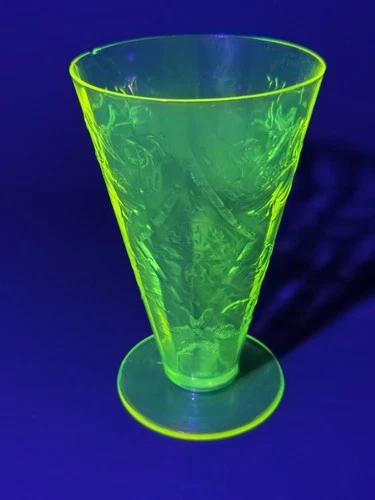 Vtg Federal Glass Uranium Madrid Green Pattern 5" Footed Tumbler ~See Photos~